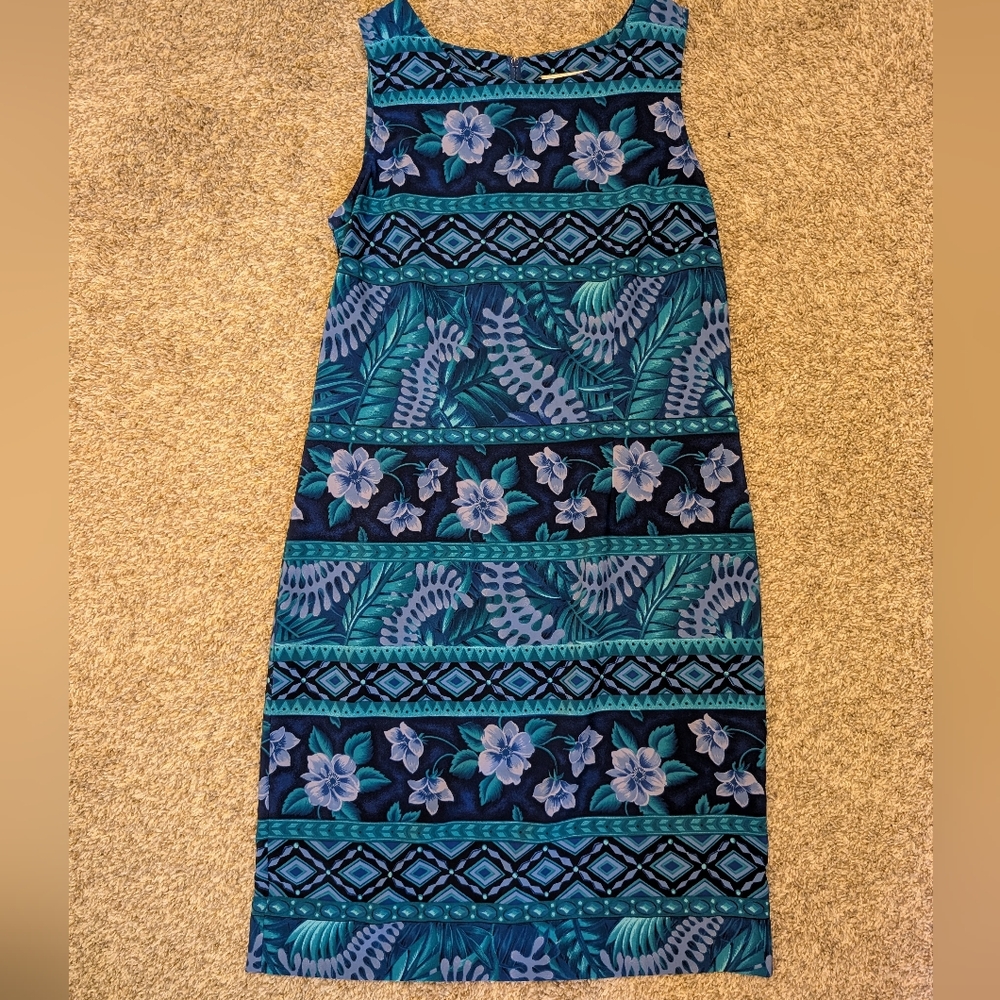 90s Y2K Hawaiian Floral Blue Sleeveless Sheath Dress Size 6